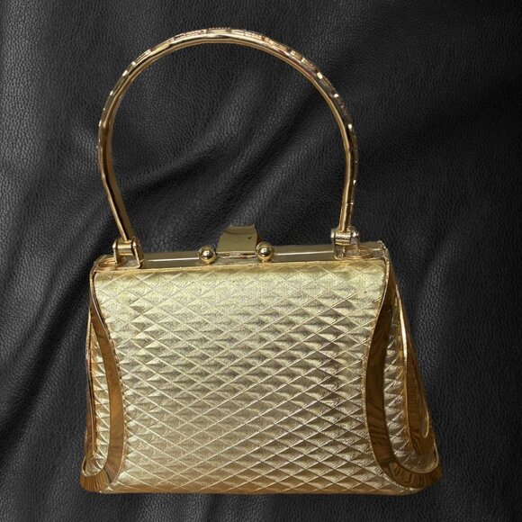 Vintage Sasha Gold Metal Box Clutch / Minaudière Top Handle Rhinestone Heart Y2K - Picture 2 of 10